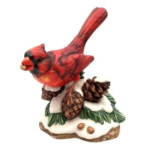 Porcelain Red Cardinal Bird Figurine Winter Snow Christmas Pine Cone Collectable